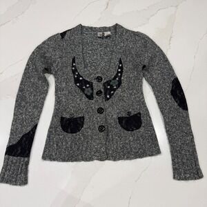 BKE Cardigan Sweater Women Small Gray Wool Blend Lace Floral Button Front V-Neck